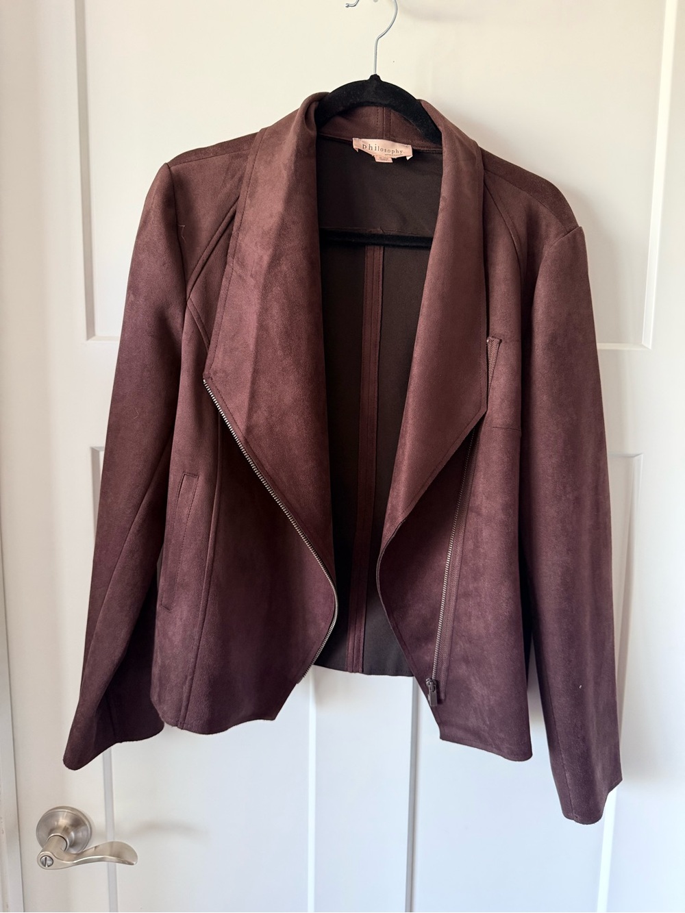 Philosophy Faux Suede Draped Moto Jacket in Deep Brown Size XL